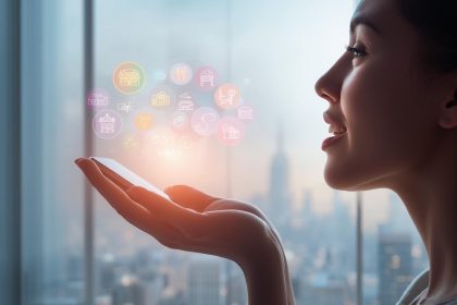 A marketer speaking to a glowing smart speaker with holographic search results, symbolizing the rise of voice search in digital marketing for 2025.