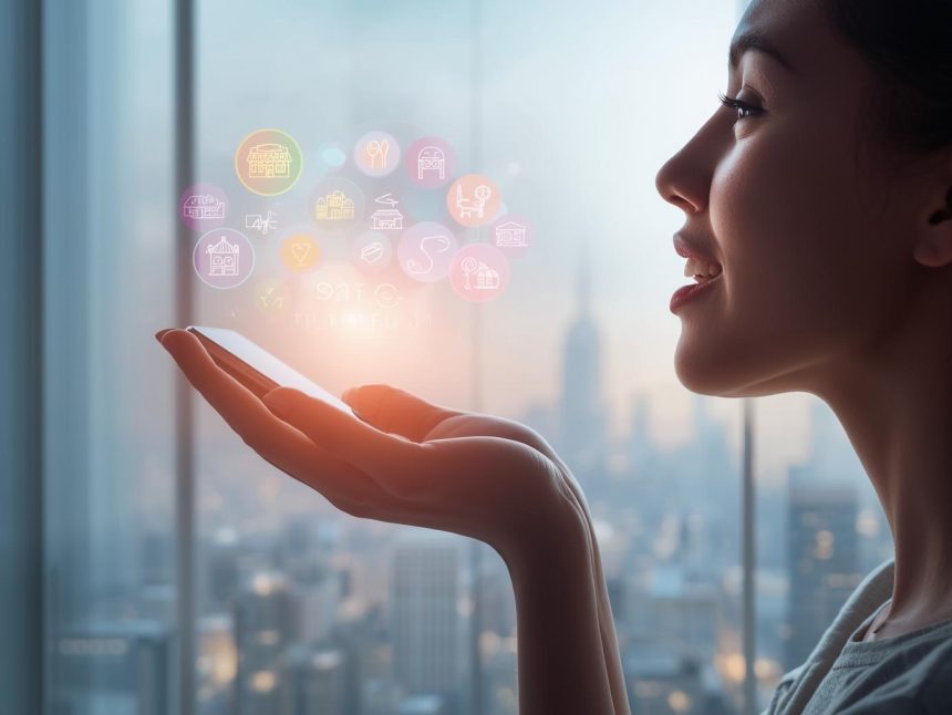 A marketer speaking to a glowing smart speaker with holographic search results, symbolizing the rise of voice search in digital marketing for 2025.