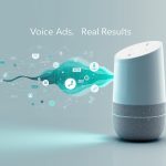 A marketer speaking into a glowing microphone with soundwaves turning into shopping carts, symbolizing the persuasive power of voice ads in marketing.