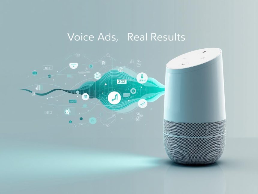 A marketer speaking into a glowing microphone with soundwaves turning into shopping carts, symbolizing the persuasive power of voice ads in marketing.