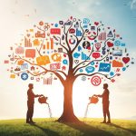 Two marketers shake hands in front of a glowing dashboard showing rising analytics, symbolizing how partnerships boost digital marketing performance.