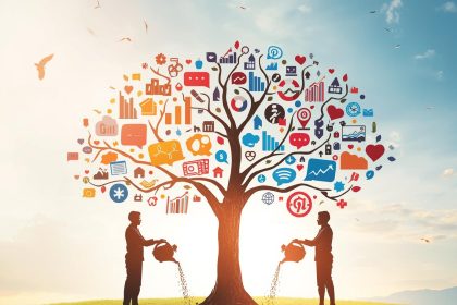 Two marketers shake hands in front of a glowing dashboard showing rising analytics, symbolizing how partnerships boost digital marketing performance.