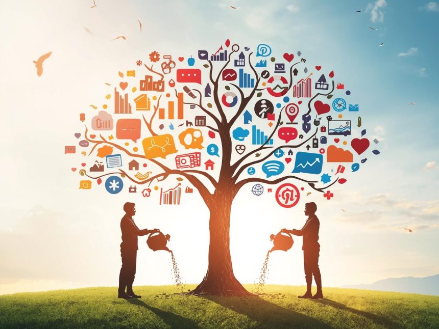 Two marketers shake hands in front of a glowing dashboard showing rising analytics, symbolizing how partnerships boost digital marketing performance.