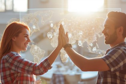 A group of marketers shake hands over a glowing city map with connection points, symbolizing how local partnerships drive digital marketing success.