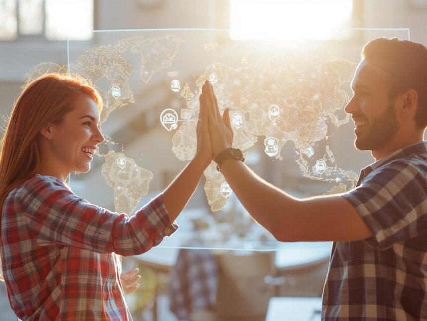 A group of marketers shake hands over a glowing city map with connection points, symbolizing how local partnerships drive digital marketing success.