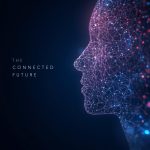 A glowing network of smart devices forming a human face silhouette made of light, symbolizing AI-powered customer connection in digital marketing.