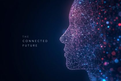 A glowing network of smart devices forming a human face silhouette made of light, symbolizing AI-powered customer connection in digital marketing.