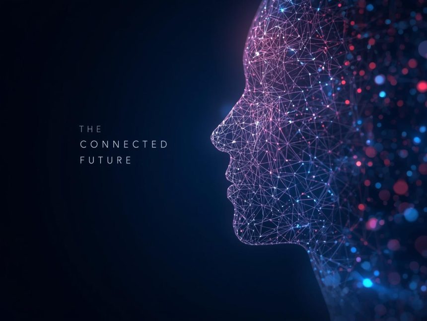 A glowing network of smart devices forming a human face silhouette made of light, symbolizing AI-powered customer connection in digital marketing.