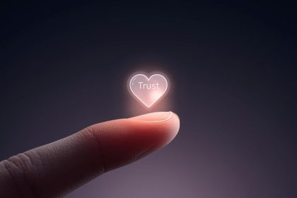 A marketer choosing a glowing “Trust” button over “Click,” symbolizing the rise of trust-first marketing strategies.