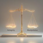 A marketer choosing between glowing “Trust” and “Tricks” buttons, symbolizing the power of ethical marketing in the digital age.