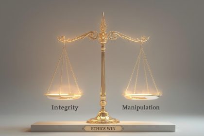 A marketer choosing between glowing “Trust” and “Tricks” buttons, symbolizing the power of ethical marketing in the digital age.