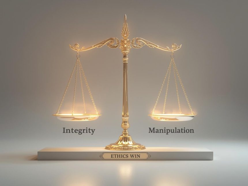 A marketer choosing between glowing “Trust” and “Tricks” buttons, symbolizing the power of ethical marketing in the digital age.