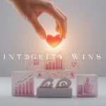 A marketer standing between two glowing paths labeled “Trust” and “Bust,” symbolizing integrity as the key to digital marketing success.