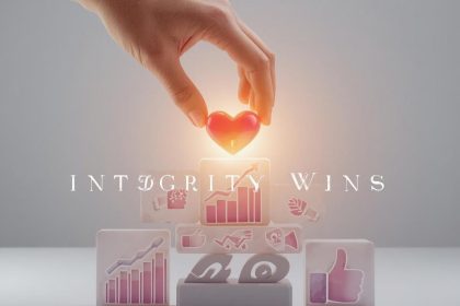 A marketer standing between two glowing paths labeled “Trust” and “Bust,” symbolizing integrity as the key to digital marketing success.