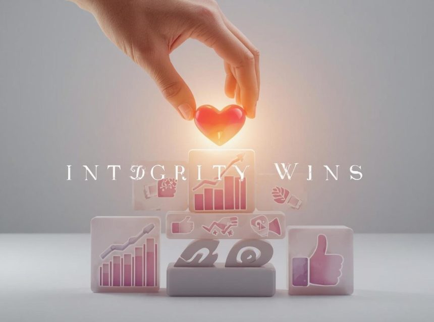 A marketer standing between two glowing paths labeled “Trust” and “Bust,” symbolizing integrity as the key to digital marketing success.