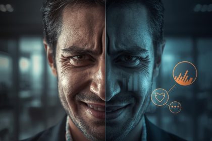 A marketer holding a glowing transparent cube labeled “Trust” as the digital world around them disintegrates, symbolizing the power of transparency in marketing.