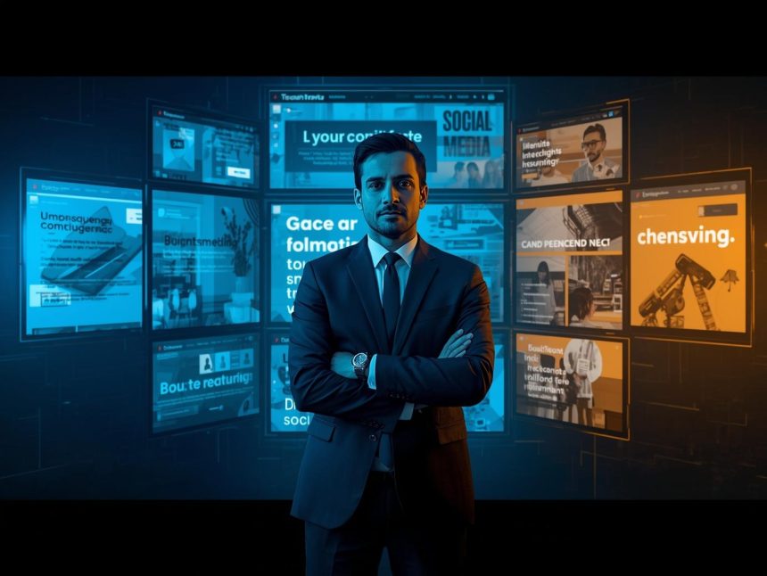 A marketer managing consistent brand messages across digital platforms, symbolizing unified communication that builds customer trust and conversions.