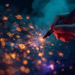 A marketer opens a glowing laptop releasing light and story icons, symbolizing the emotional power of storytelling in digital marketing.