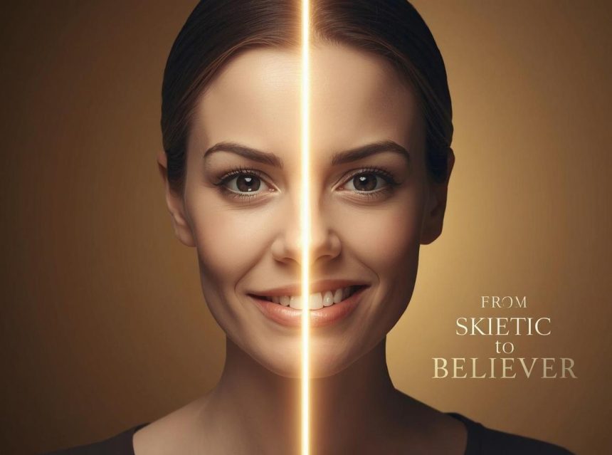 A marketer holding a glowing golden key unlocking a heart-shaped digital lock surrounded by customers, symbolizing how trust converts skeptics into loyal buyers.