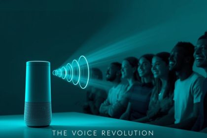 A marketer using a glowing voice interface projecting icons of engagement, symbolizing how voice content is transforming digital marketing in 2025.