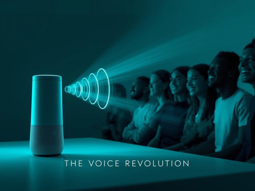 A marketer using a glowing voice interface projecting icons of engagement, symbolizing how voice content is transforming digital marketing in 2025.