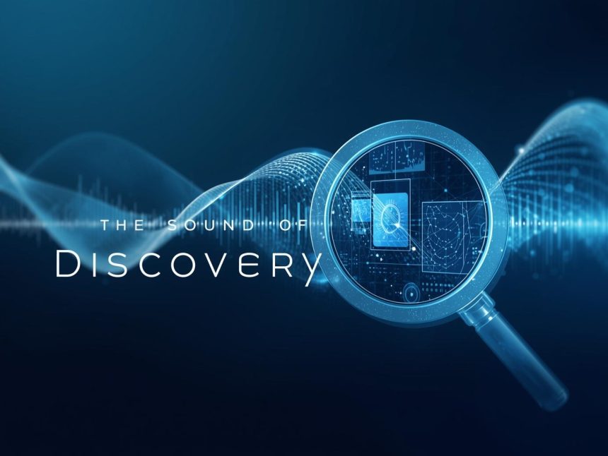 A marketer speaking into a glowing microphone that projects holographic search results, symbolizing the rise of voice-driven discovery in digital marketing.