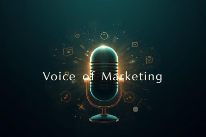 A glowing microphone surrounded by heart, message, and play icons, symbolizing the rise of short audio in digital marketing.