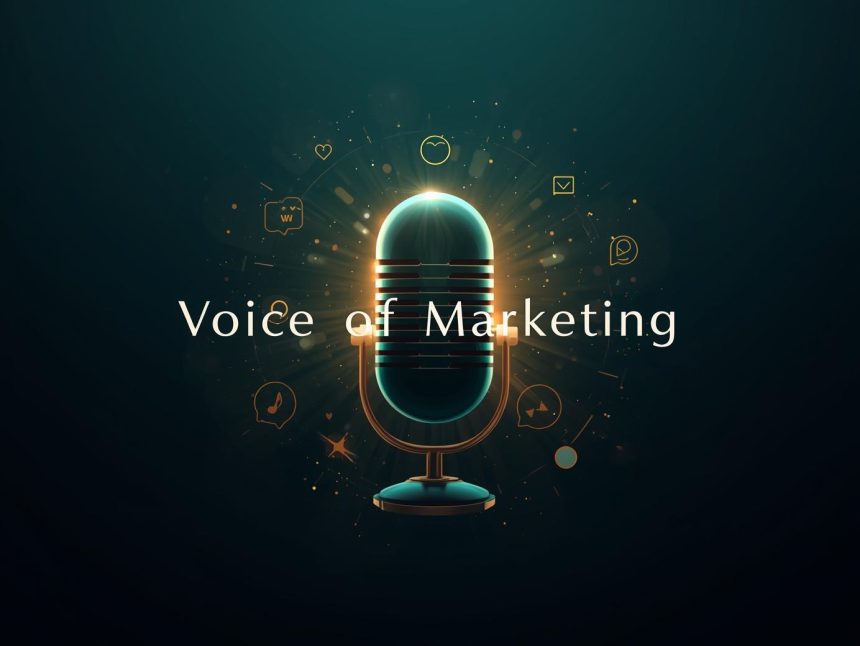 A glowing microphone surrounded by heart, message, and play icons, symbolizing the rise of short audio in digital marketing.