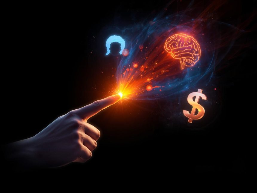 A close-up of a person’s eye reflecting a glowing “Click” button surrounded by digital icons, symbolizing the emotional and psychological factors behind user motivation.