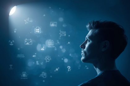 A marketer stands at a crossroads between “Purpose” and “Profit,” with the “Purpose” path glowing brightly, symbolizing how meaning-driven marketing builds lasting brands.