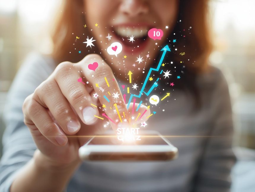 A marketer smiles as glowing quiz elements and question icons float around a laptop, symbolizing how interactive quizzes engage and convert users in digital marketing.