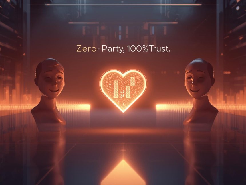 A glowing heart-shaped data icon floating between a marketer and a customer avatar, symbolizing zero-party data built on mutual trust.