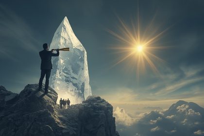 A marketer looks through a glowing magnifying glass at a single golden customer icon in a dense digital jungle, symbolizing the focus and precision of niche marketing.