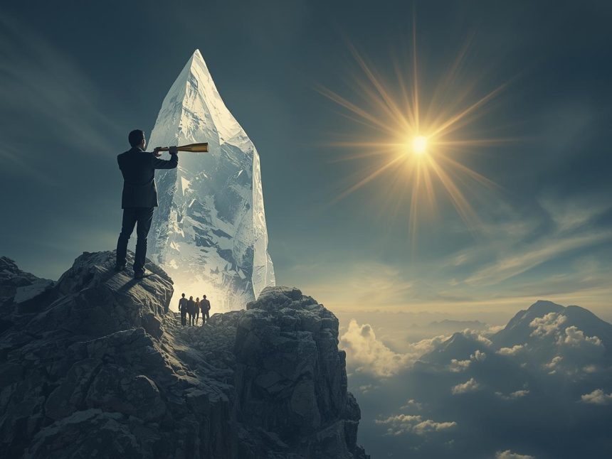 A marketer looks through a glowing magnifying glass at a single golden customer icon in a dense digital jungle, symbolizing the focus and precision of niche marketing.