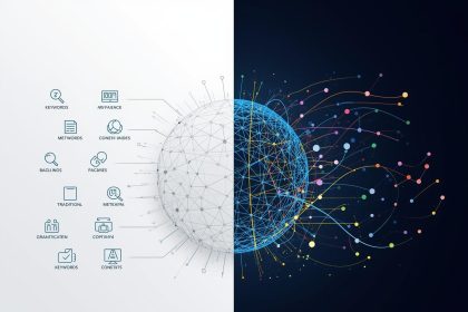 A human and AI robot typing together on a glowing laptop surrounded by holographic search analytics, representing the rise of AI-powered SEO in 2025.