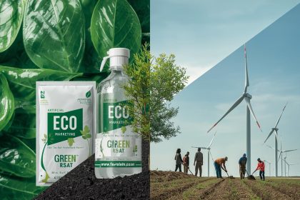 A marketer comparing fake eco-labeling with real environmental action, symbolizing authentic sustainability and customer trust.