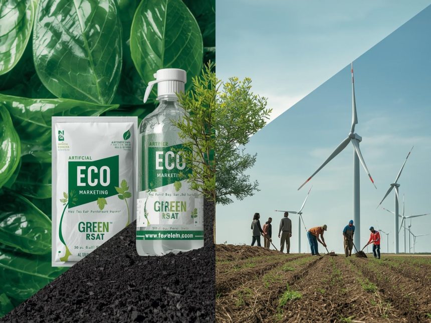 A marketer comparing fake eco-labeling with real environmental action, symbolizing authentic sustainability and customer trust.