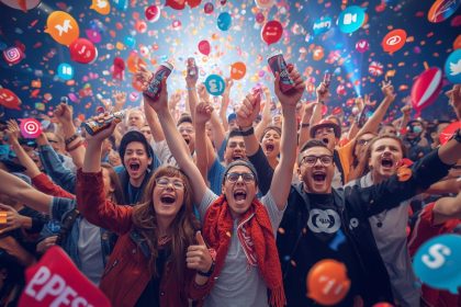 A group of passionate customers promoting a brand on social media, symbolizing the transformation from followers to brand advocates.