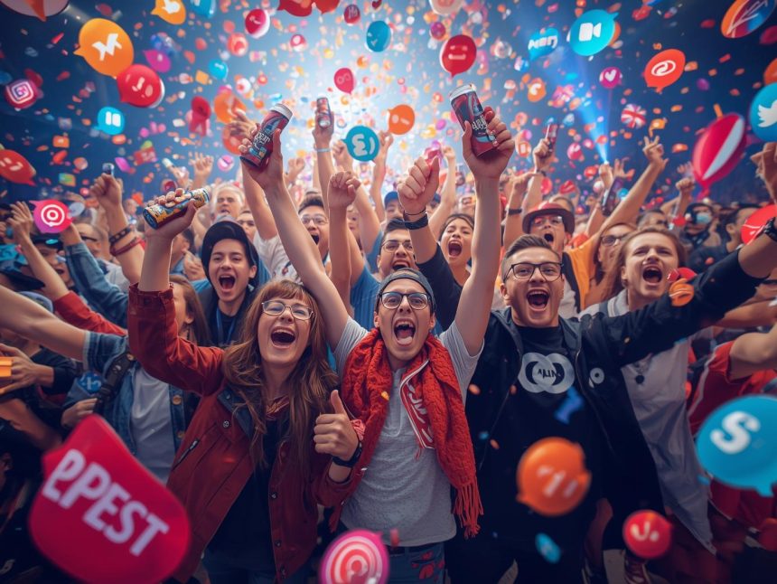 A group of passionate customers promoting a brand on social media, symbolizing the transformation from followers to brand advocates.