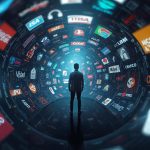 A user wearing a VR headset surrounded by glowing holographic brand visuals, symbolizing immersive marketing with AR and VR technology.