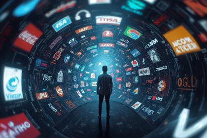 A user wearing a VR headset surrounded by glowing holographic brand visuals, symbolizing immersive marketing with AR and VR technology.