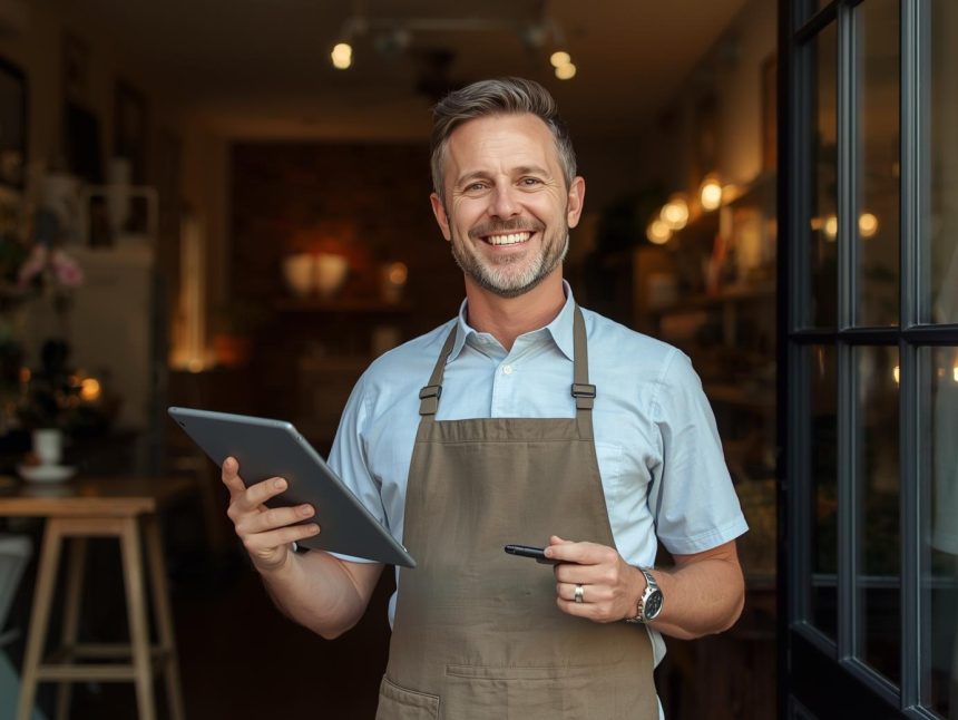 A small business connecting physical and digital worlds through hybrid marketing, symbolizing the integration of online engagement and offline growth.