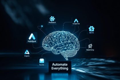 Marketer using a connected omnichannel marketing technology stack integrating CRM, automation, analytics, and ad platforms for seamless performance.