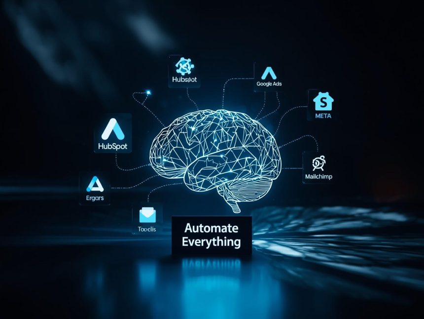 Marketer using a connected omnichannel marketing technology stack integrating CRM, automation, analytics, and ad platforms for seamless performance.
