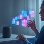 A marketer interacting with a chatbot and smart speaker while viewing real-time sales analytics, symbolizing conversational commerce success.