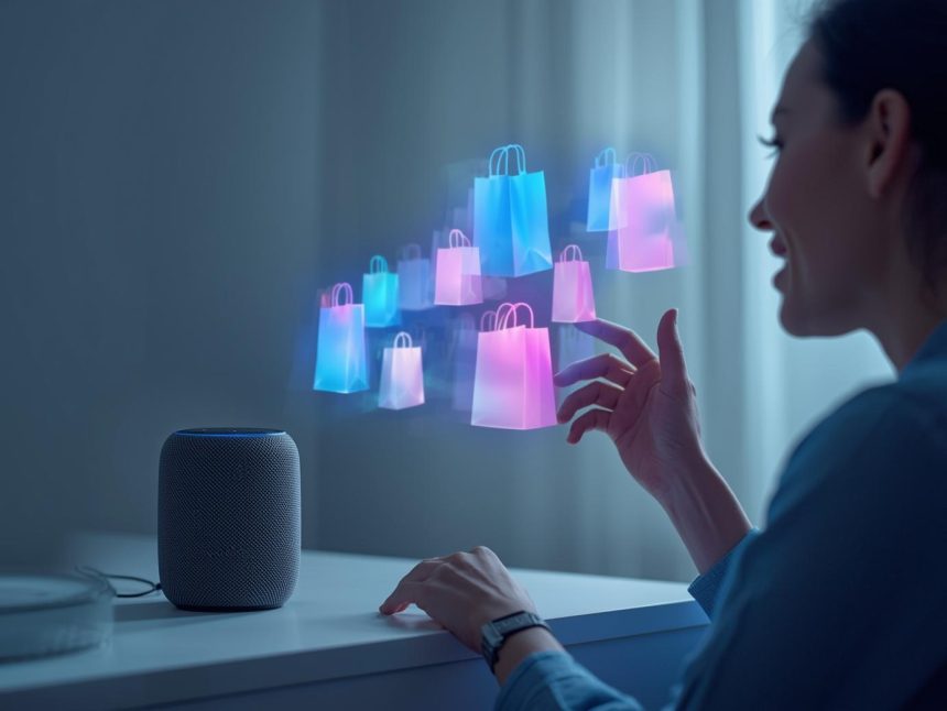 A marketer interacting with a chatbot and smart speaker while viewing real-time sales analytics, symbolizing conversational commerce success.