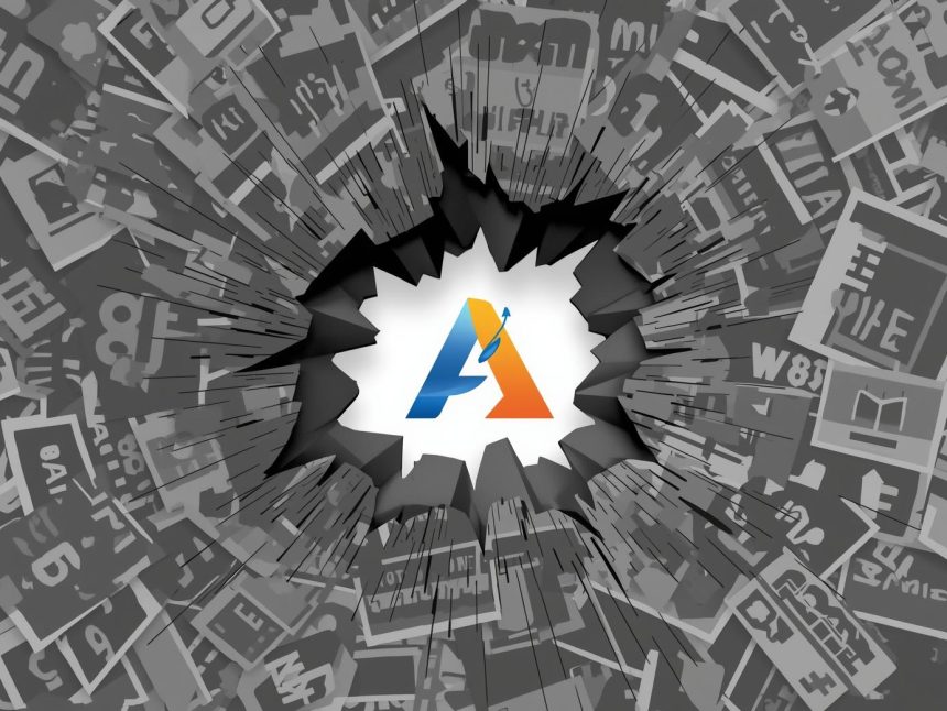 A bold, colorful brand design breaking through a chaotic background of dull visuals, symbolizing the power of custom design in creating brand impact.