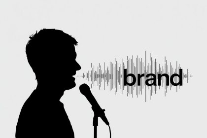 A creative designer visualizing a brand’s sound identity through colorful waveforms and a glowing microphone, symbolizing sonic branding.