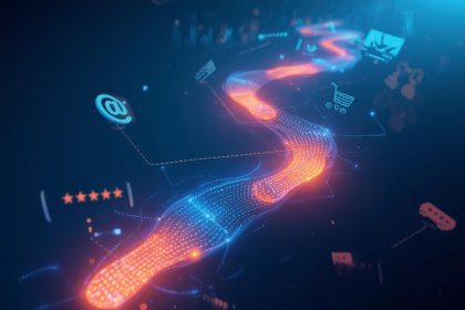 A marketer analyzing a digital map of customer interactions across multiple channels, symbolizing customer journey analytics and smarter decision-making.