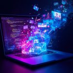 A marketer collaborating with an AI assistant generating text and visuals in real time, symbolizing the rise of generative AI in content creation.